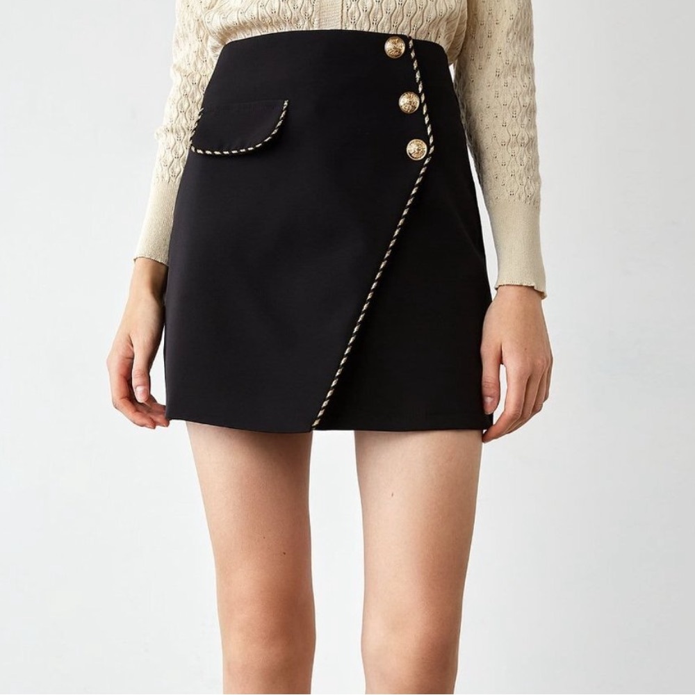 J.ing Inaya Black Asymmetrical Mini Skirt with Built-in Shorts and Gold Accents - Picture 3 of 6